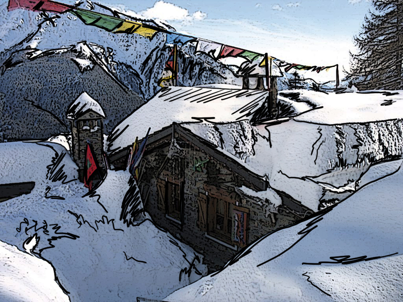 Chiecco Restuarant on the hill in Chamonix, buried in snow